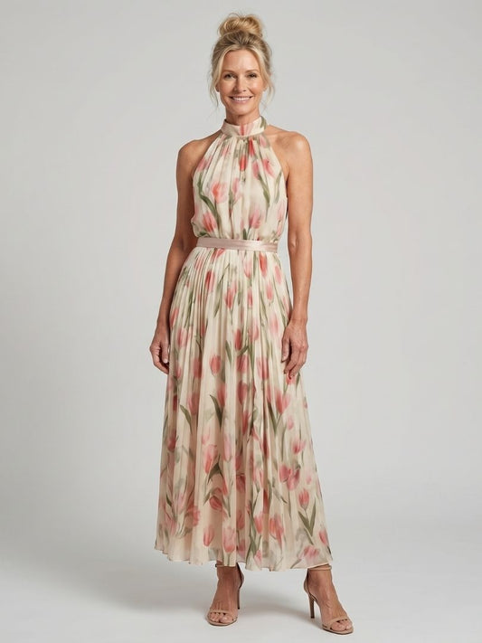 Vestido midi con escote halter floral