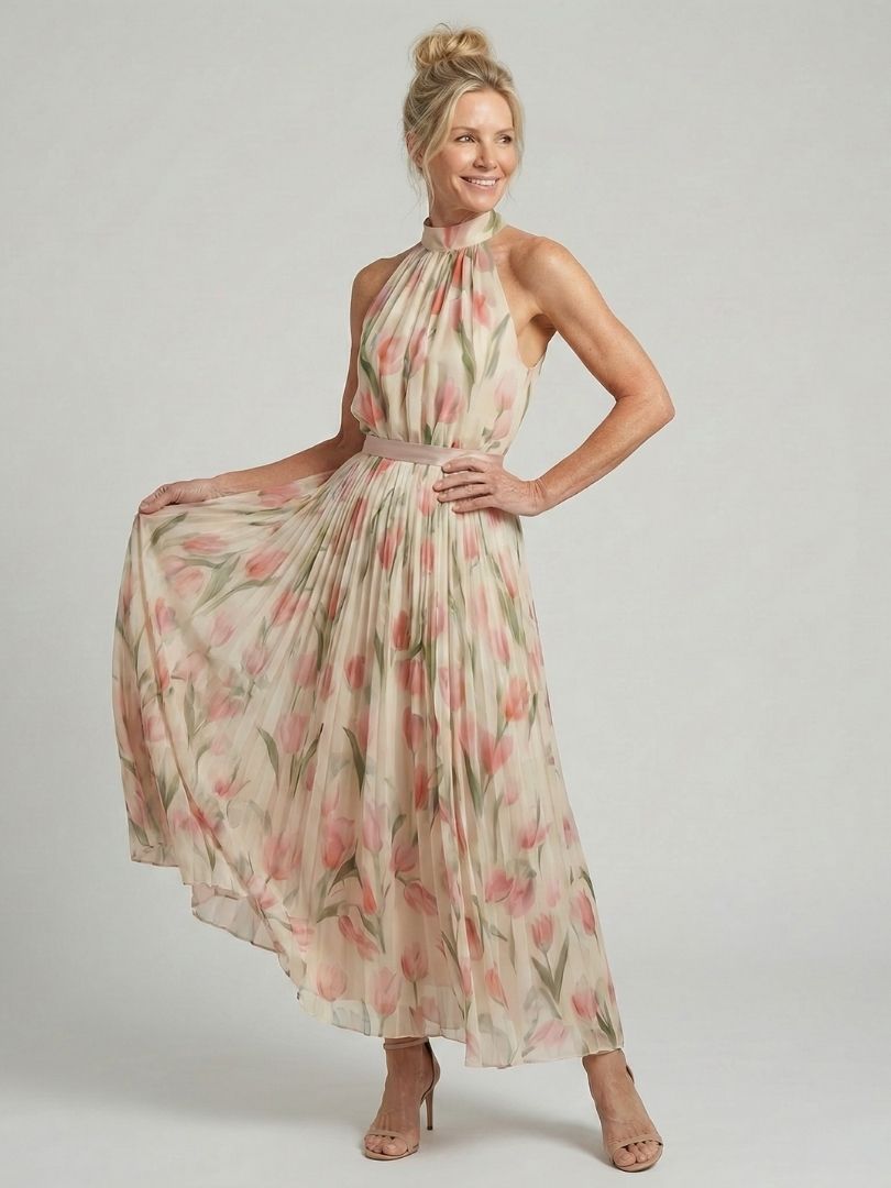 Vestido midi con escote halter floral