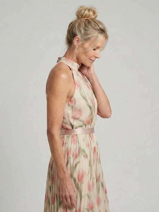 Vestido midi con escote halter floral