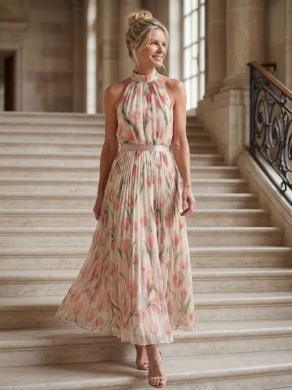 Vestido midi con escote halter floral